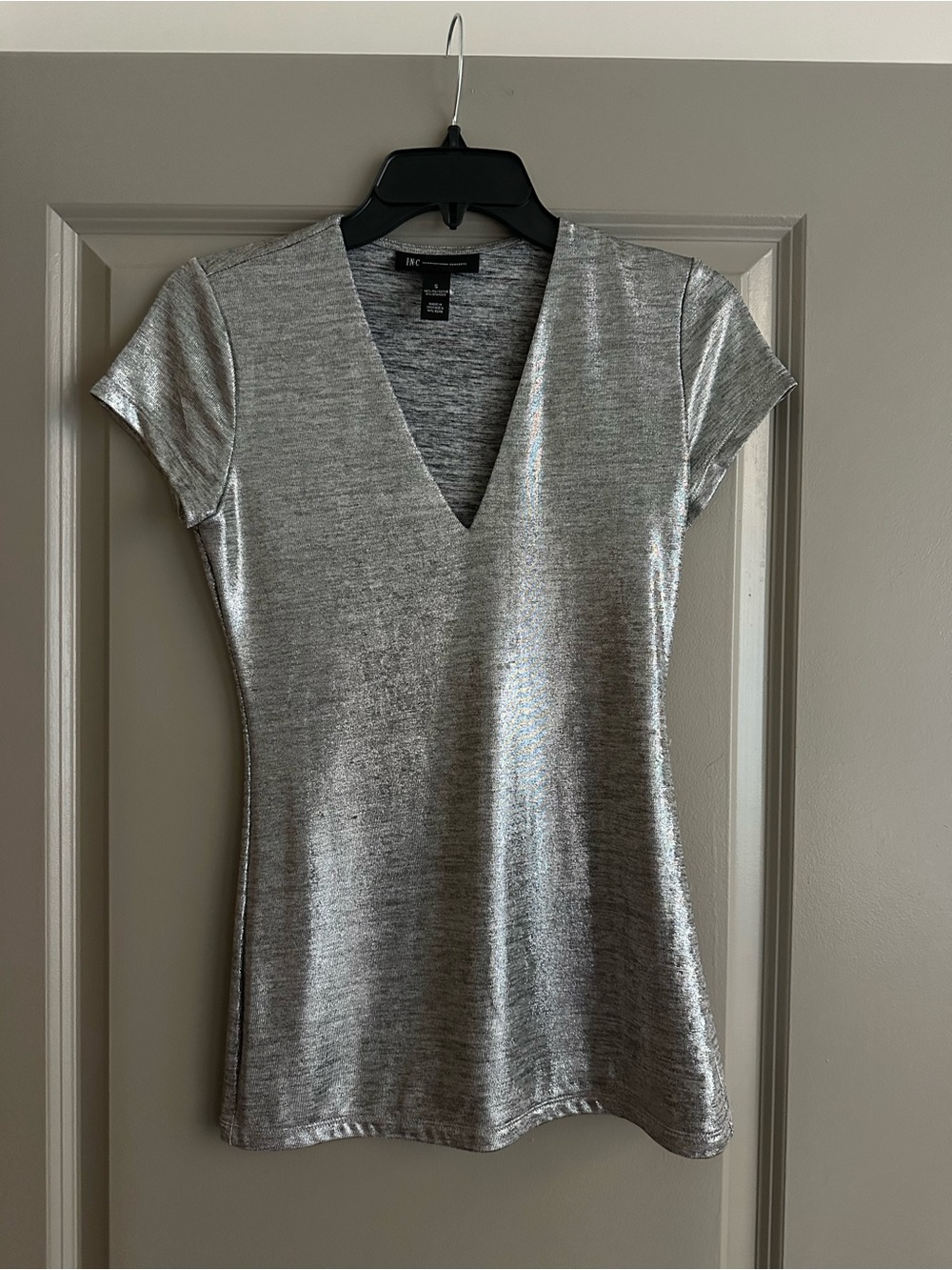 INC Silver V-Neck Short Sleeve Top